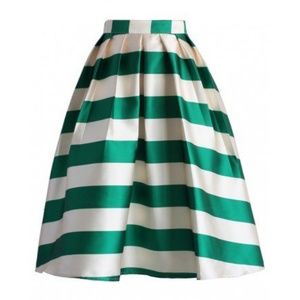 Nautical Pleated Green White Striped Midi Skirt